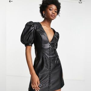 Bardot button front leather dress puff sleeves